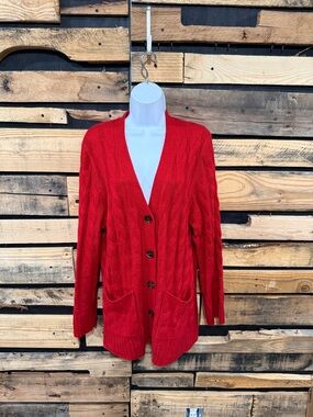 Women’s VTG Red Grecelle Red Cable Knit Chunky Fisherman Style Duster Cardigan L